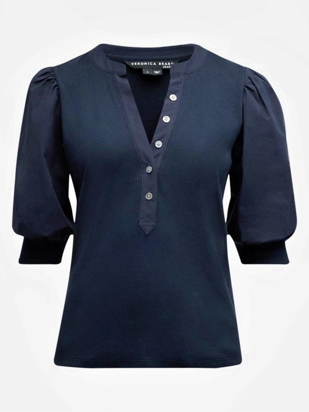Veronica Beard Plus Size Navy Blue Coralee Puff-Sleeve Cotton Top Blouse 2X